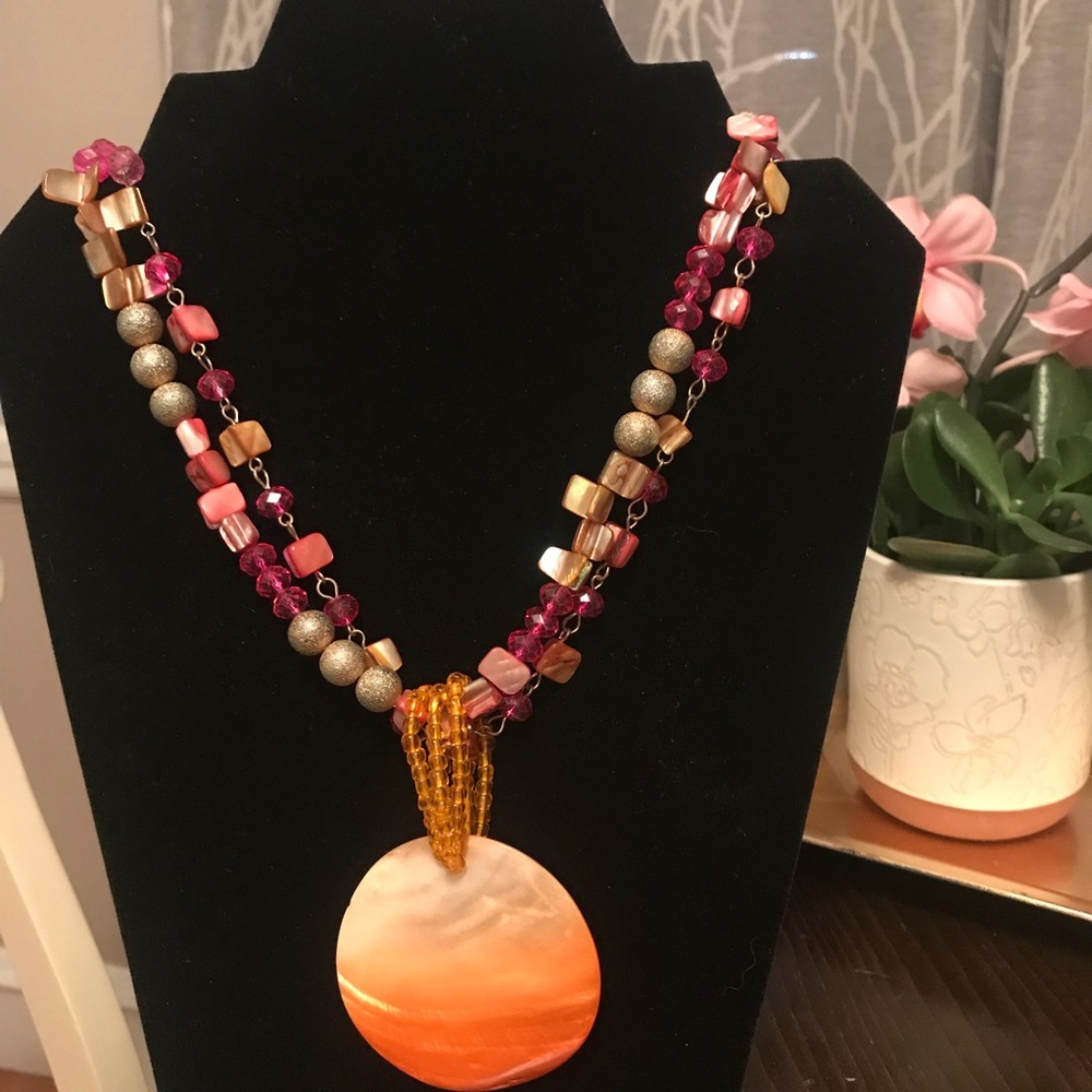 Orange, pink and gold shell necklace